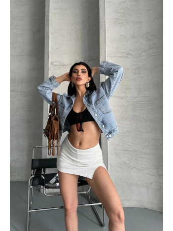 Çift cepli kol katlamalı kar yıkama crop kot ceket mavi d2000 Çift cepli kol katlamalı kar yıkama crop kot ceket mavi d2000