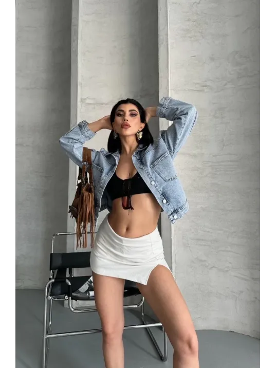 Çift Cepli Kol Katlamalı Kar Yıkama Crop Kot Ceket Mavi D2000