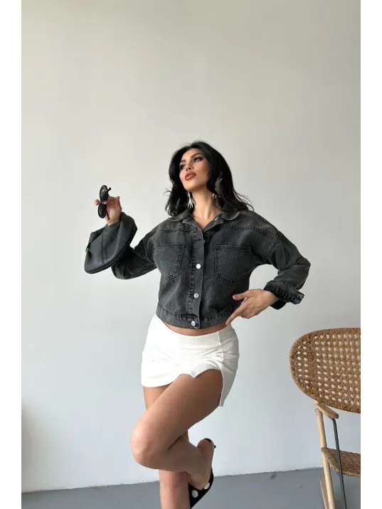 Çift Cepli Kol Katlamalı Süper Taş Enzim Yıkama Crop Kot Ceket Füme D2000