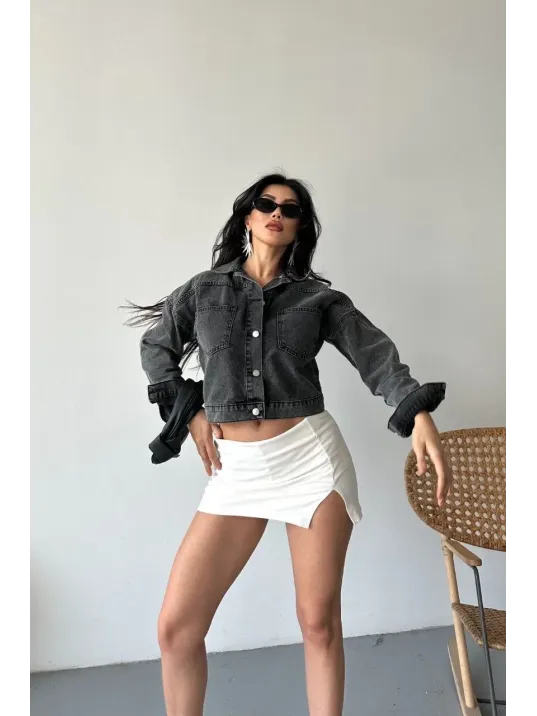 Çift Cepli Kol Katlamalı Süper Taş Enzim Yıkama Crop Kot Ceket Füme D2000