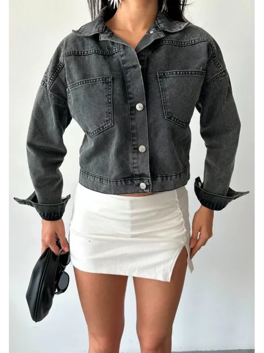 Çift Cepli Kol Katlamalı Süper Taş Enzim Yıkama Crop Kot Ceket Füme D2000