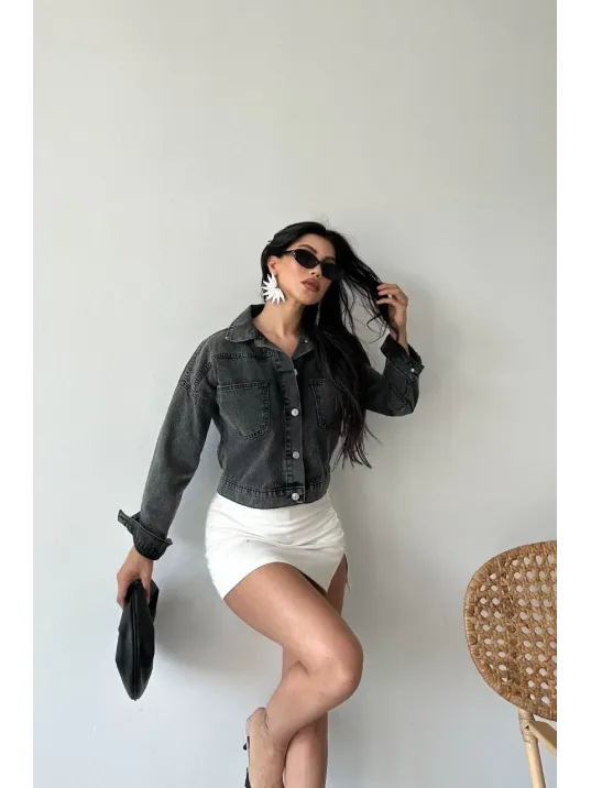 Çift Cepli Kol Katlamalı Süper Taş Enzim Yıkama Crop Kot Ceket Füme D2000