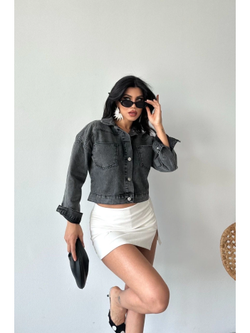 Çift cepli kol katlamalı süper taş enzim yıkama crop kot ceket füme d2000 Çift cepli kol katlamalı süper taş enzim yıkama crop kot ceket füme d2000