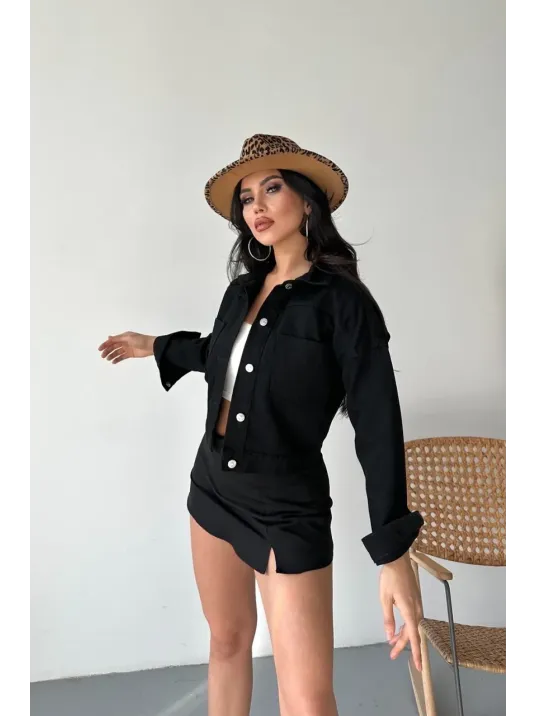 Çift Cepli Kol Katlamalı Süper Taş Enzim Yıkamalı Crop Kot Ceket Siyah D2000