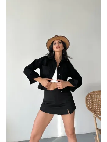 Çift Cepli Kol Katlamalı Süper Taş Enzim Yıkamalı Crop Kot Ceket Siyah D2000