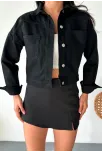 Çift Cepli Kol Katlamalı Süper Taş Enzim Yıkamalı Crop Kot Ceket Siyah D2000