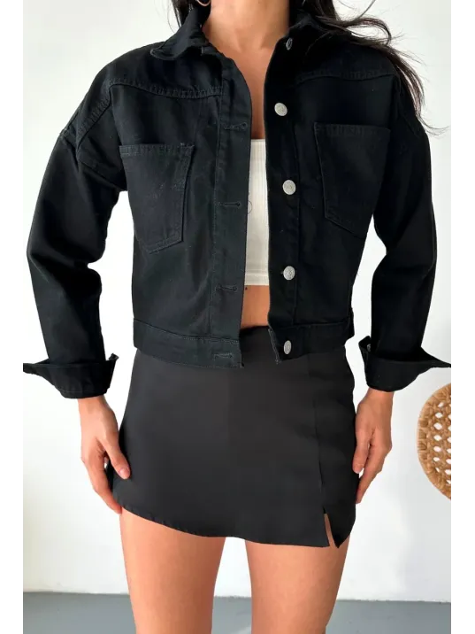Çift Cepli Kol Katlamalı Süper Taş Enzim Yıkamalı Crop Kot Ceket Siyah D2000