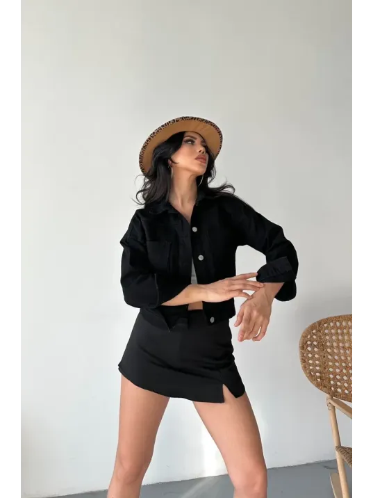 Çift Cepli Kol Katlamalı Süper Taş Enzim Yıkamalı Crop Kot Ceket Siyah D2000