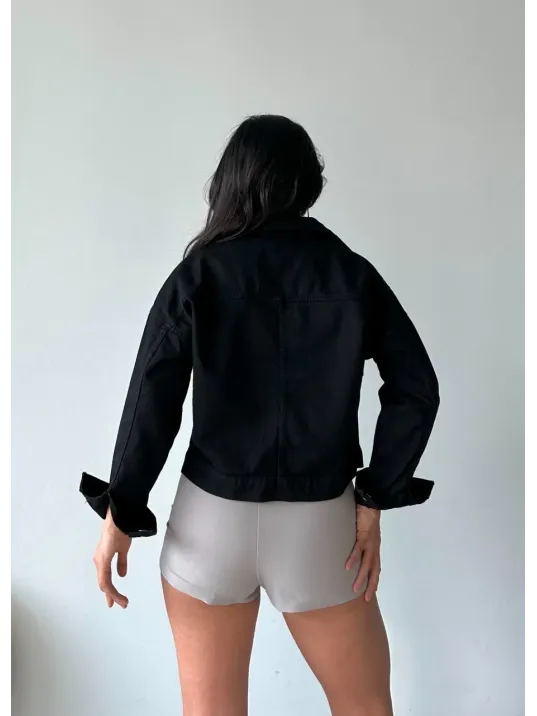 Çift Cepli Kol Katlamalı Süper Taş Enzim Yıkamalı Crop Kot Ceket Siyah D2000