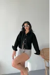 Çift Cepli Kol Katlamalı Süper Taş Enzim Yıkamalı Crop Kot Ceket Siyah D2000