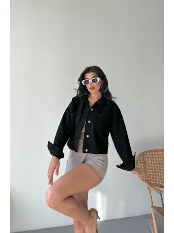 Çift cepli kol katlamalı süper taş enzim yıkamalı crop kot ceket siyah d2000 Çift cepli kol katlamalı süper taş enzim yıkamalı crop kot ceket siyah d2000