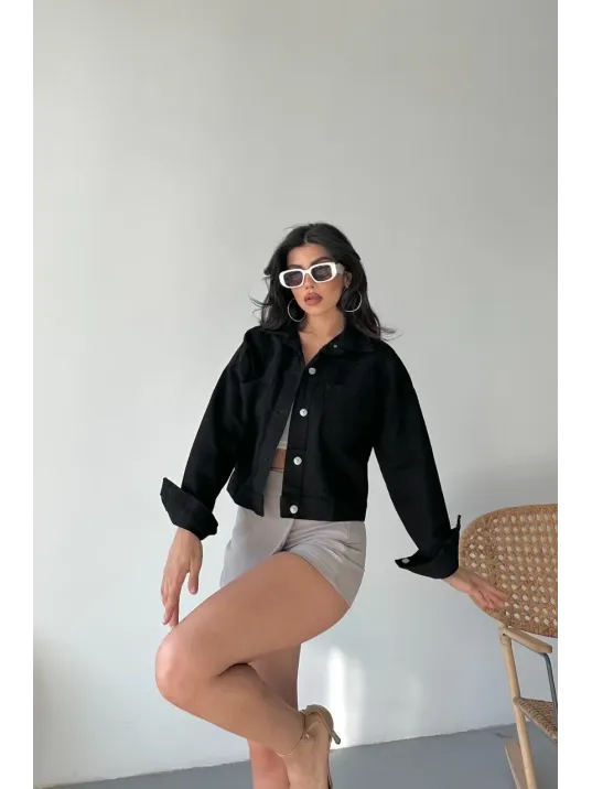 Çift Cepli Kol Katlamalı Süper Taş Enzim Yıkamalı Crop Kot Ceket Siyah D2000