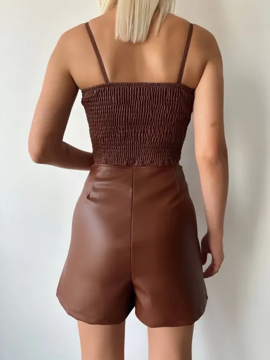 Çift Fermuarlı Deri Şort Kahve H24394