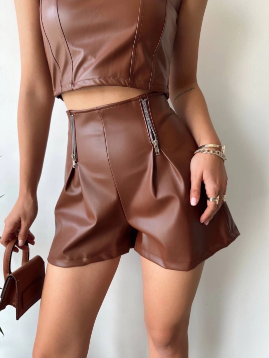 Çift fermuarlı deri şort kahve h24394 Çift fermuarlı deri şort kahve h24394