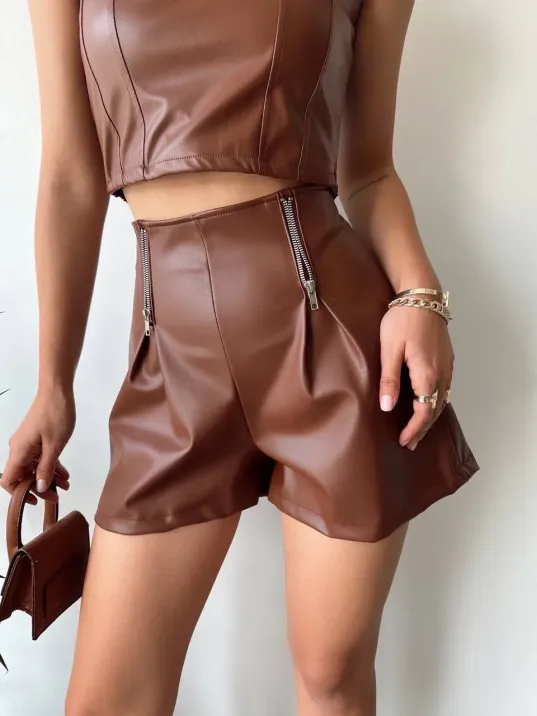 Çift Fermuarlı Deri Şort Kahve H24394