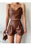 Çift Fermuarlı Deri Şort Kahve H24394