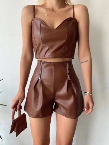 Çift Fermuarlı Deri Şort Kahve H24394
