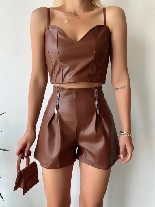 Çift Fermuarlı Deri Şort Kahve H24394