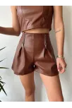 Çift Fermuarlı Deri Şort Kahve H24394