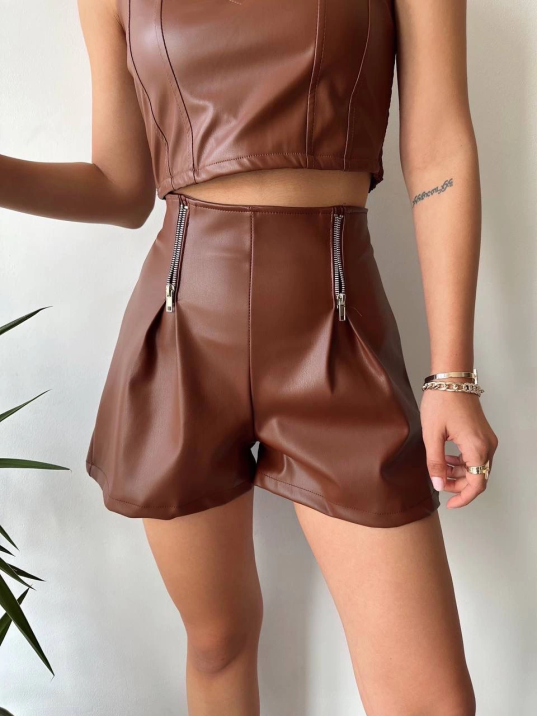 Çift fermuarlı deri şort kahve h24394 Çift fermuarlı deri şort kahve h24394