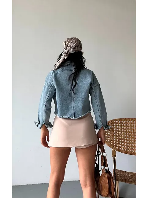 Çift Kapaklı Püsküllü Crop Buz Mavi D2002