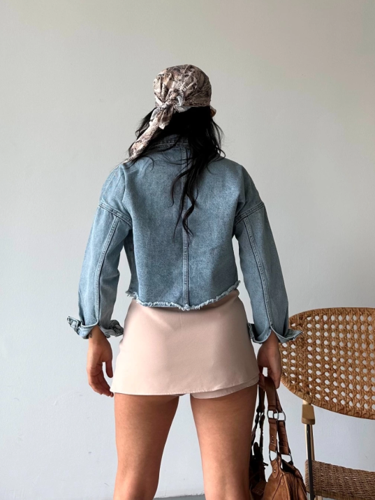 Çift kapaklı püsküllü crop buz mavi d2002 Çift kapaklı püsküllü crop buz mavi d2002