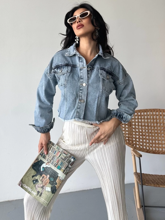 Çift kapaklı püsküllü crop buz mavi d2002 Çift kapaklı püsküllü crop buz mavi d2002