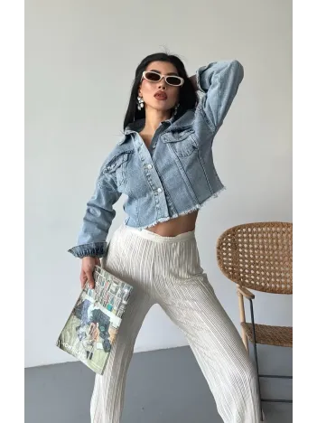 Çift Kapaklı Püsküllü Crop Buz Mavi D2002