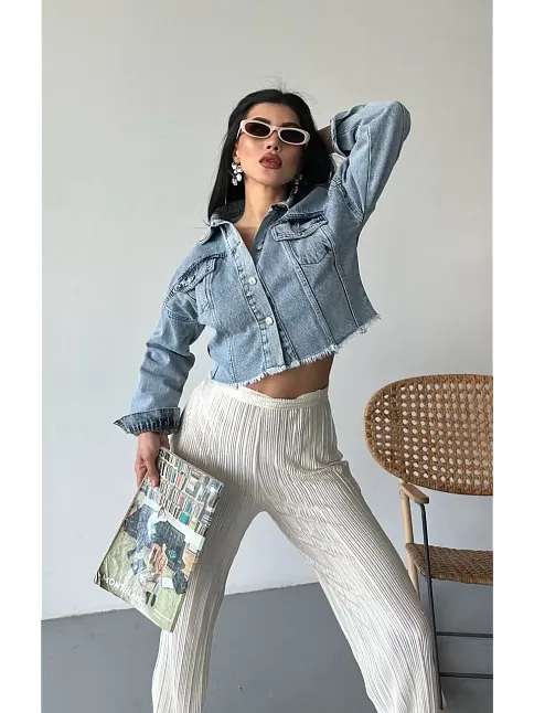 Çift Kapaklı Püsküllü Crop Buz Mavi D2002