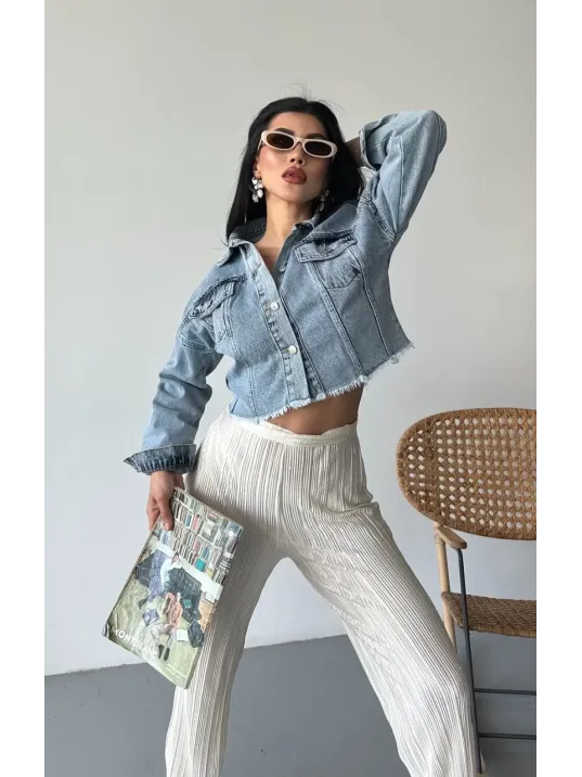 Çift Kapaklı Püsküllü Crop Buz Mavi D2002 Çift Kapaklı Püsküllü Crop Buz Mavi D2002