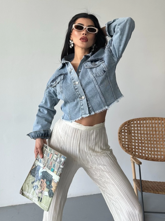 Çift kapaklı püsküllü crop buz mavi d2002 Çift kapaklı püsküllü crop buz mavi d2002