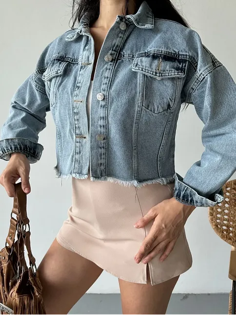 Çift Kapaklı Püsküllü Crop Buz Mavi D2002