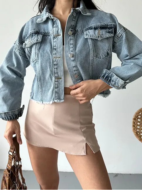 Çift Kapaklı Püsküllü Crop Buz Mavi D2002