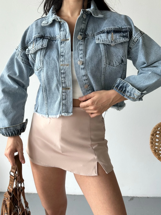 Çift kapaklı püsküllü crop buz mavi d2002 Çift kapaklı püsküllü crop buz mavi d2002