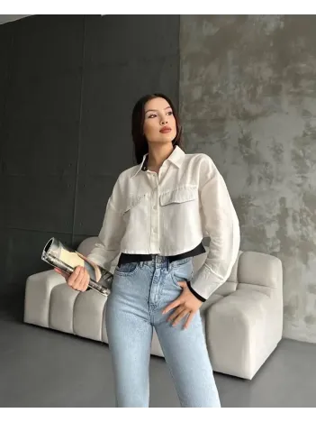 Çift Renkli Kısa Gömlek Krem S4021