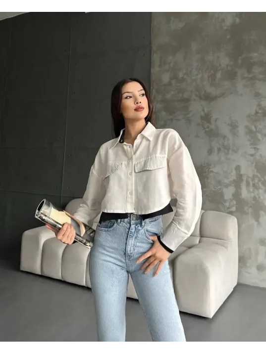 Çift Renkli Kısa Gömlek Krem S4021
