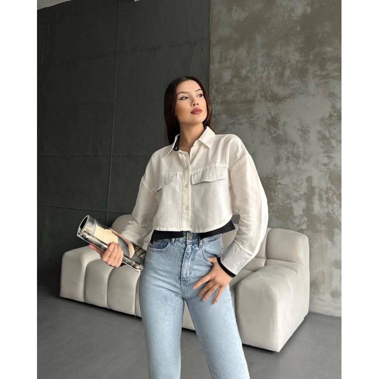 Çift renkli kısa gömlek krem s4021 Çift renkli kısa gömlek krem s4021