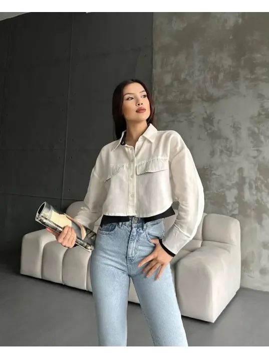 Çift Renkli Kısa Gömlek Krem S4021