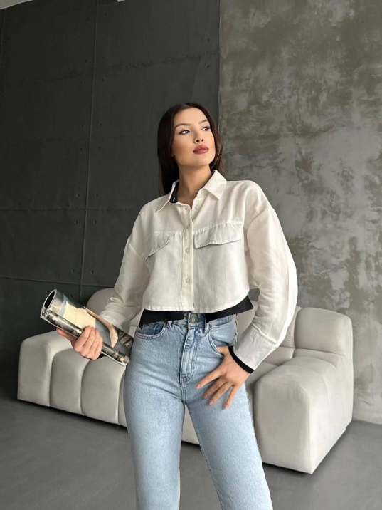 Çift renkli kısa gömlek krem s4021 Çift renkli kısa gömlek krem s4021