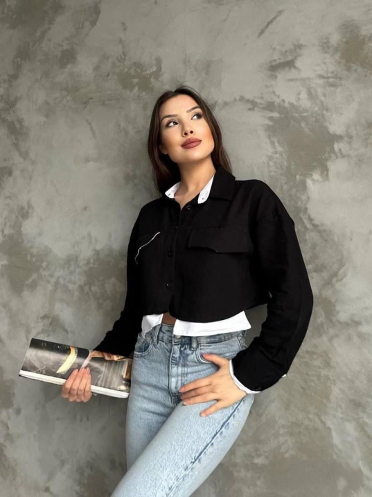 Çift renkli kısa gömlek siyahbeyaz s4021 Çift renkli kısa gömlek siyahbeyaz s4021