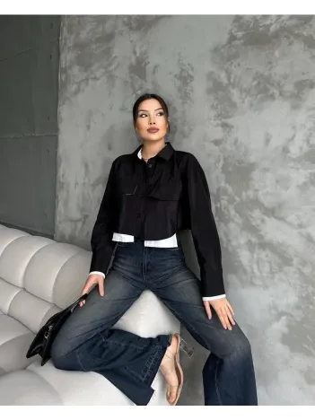 Çift Renkli Kısa Gömlek Siyahbeyaz S4021