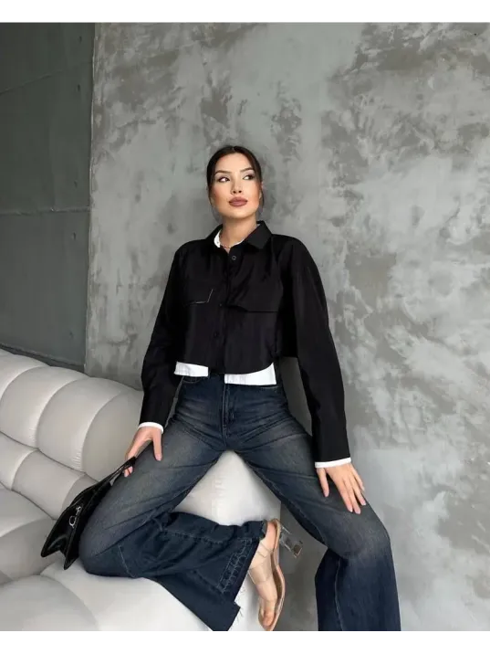 Çift Renkli Kısa Gömlek Siyahbeyaz S4021