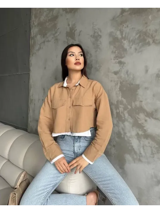 Çift Renkli Kısa Gömlek Vizonbeyaz S4021