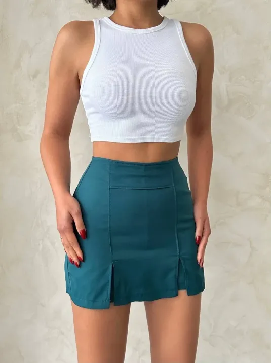Çift Yırtmaçlı Atlas Şort Etek Petrol Yeşili S240364