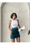 Çift Yırtmaçlı Atlas Şort Etek Petrol Yeşili S240364