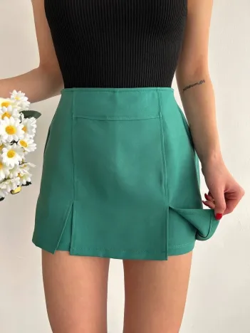 Çift Yırtmaçlı Atlas Şort Etek Yeşil S240364