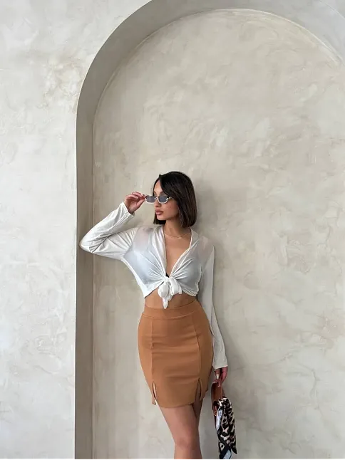 Çift Yırtmaçlı Etek Camel S25910