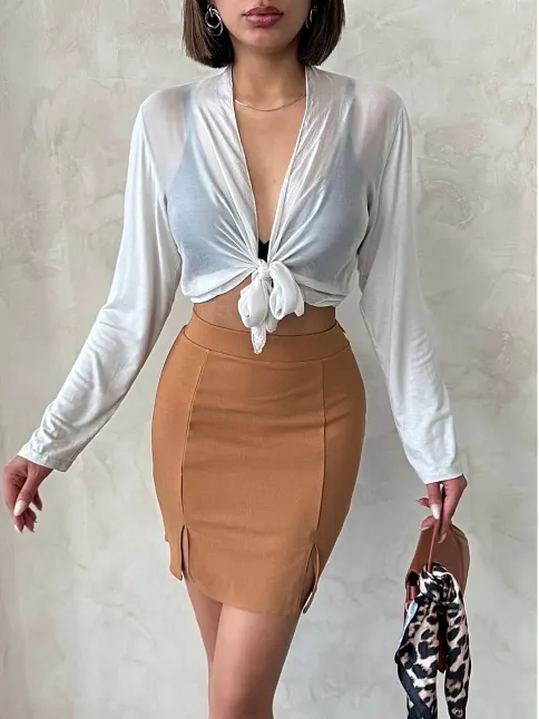 Çift Yırtmaçlı Etek Camel S25910