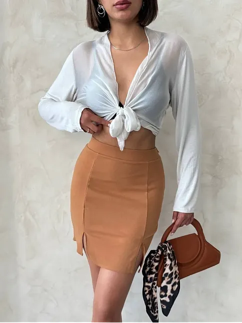 Çift Yırtmaçlı Etek Camel S25910