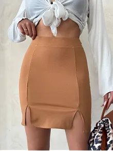 Çift Yırtmaçlı Etek Camel S25910